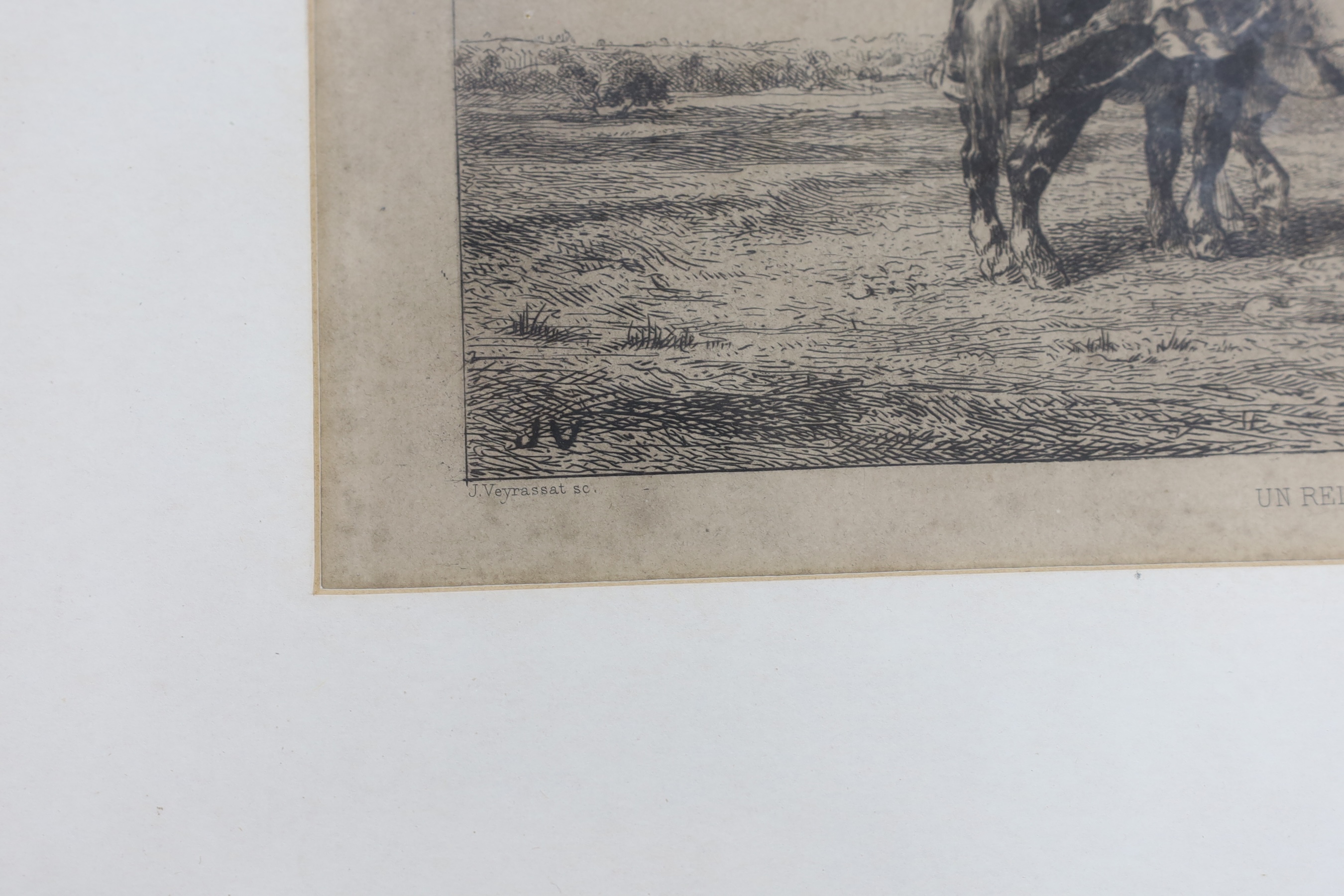 J. Veyrassat after Rosa Bonheur (French, 1822-1899), drypoint etching, 'Un Relais', figure with two horses, signed in pencil, 13.5 x 22cm